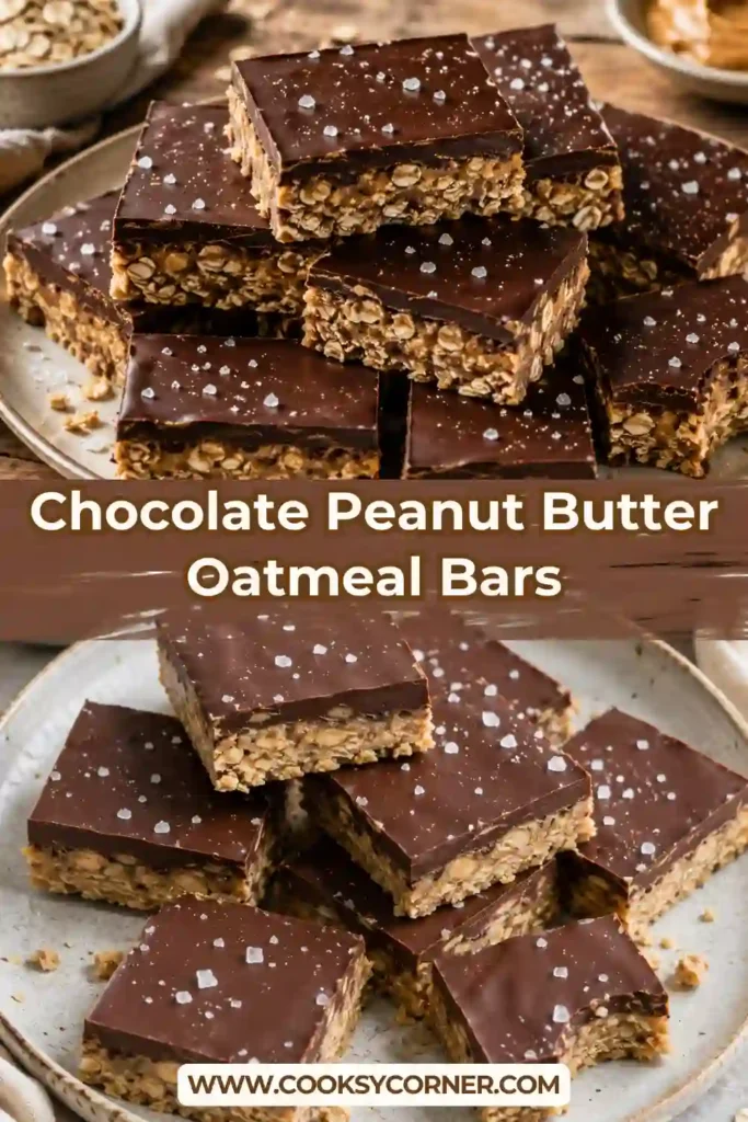 Chocolate Peanut Butter Oatmeal Bars stacked on a plate with a glossy chocolate topping and chewy peanut butter oat base. This easy no-bake dessert is perfect for healthy snacking.