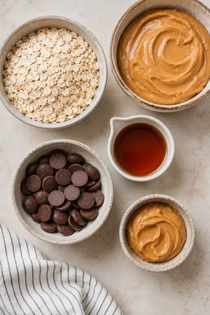 Chocolate Peanut Butter Oatmeal Bars arranged on a serving plate with visible layers of oat filling and chocolate topping. A delicious no-bake snack recipe.