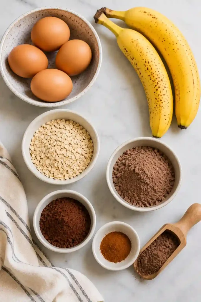 : A stack of healthy chocolate pancakes topped with sliced strawberries and a drizzle of honey. High in protein and naturally sweetened with bananas.