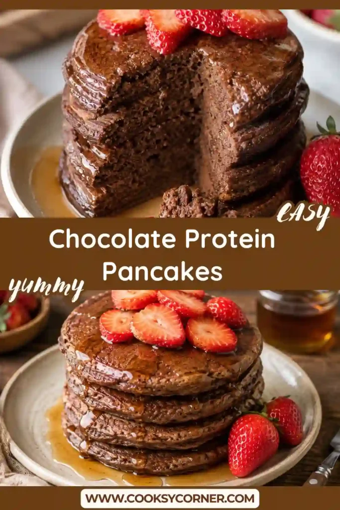 Fluffy chocolate banana protein pancakes served warm with fresh berries. This nutritious breakfast is packed with protein and rich chocolate flavor