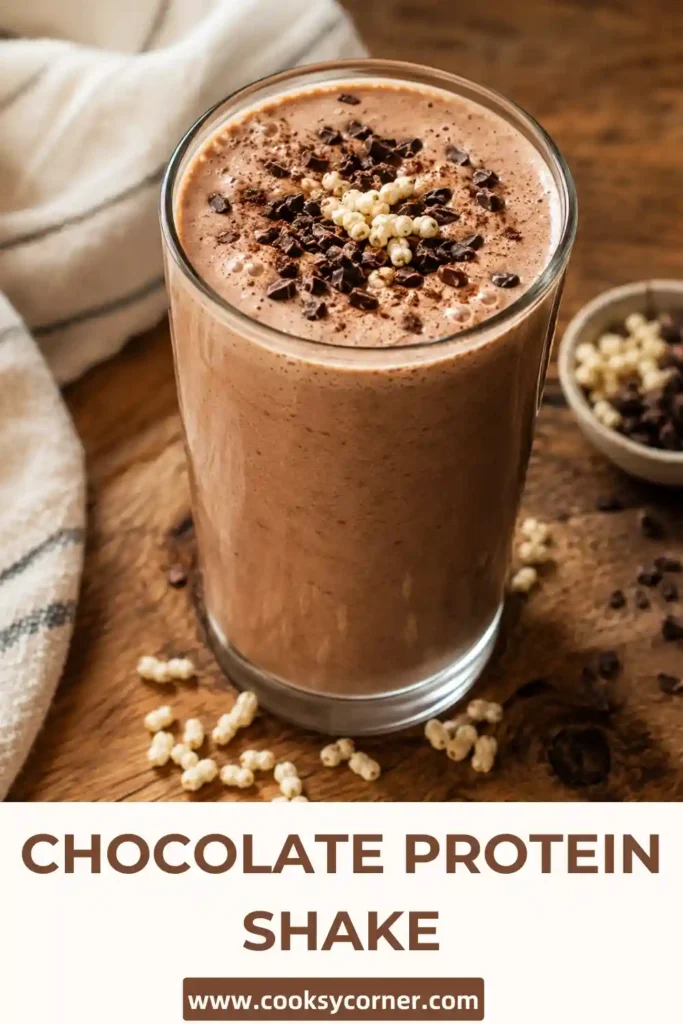 Freshly blended Chocolate Protein Shake served cold with crunchy toppings and a smooth texture. This high-protein beverage is ideal for breakfast or post-workout recovery.