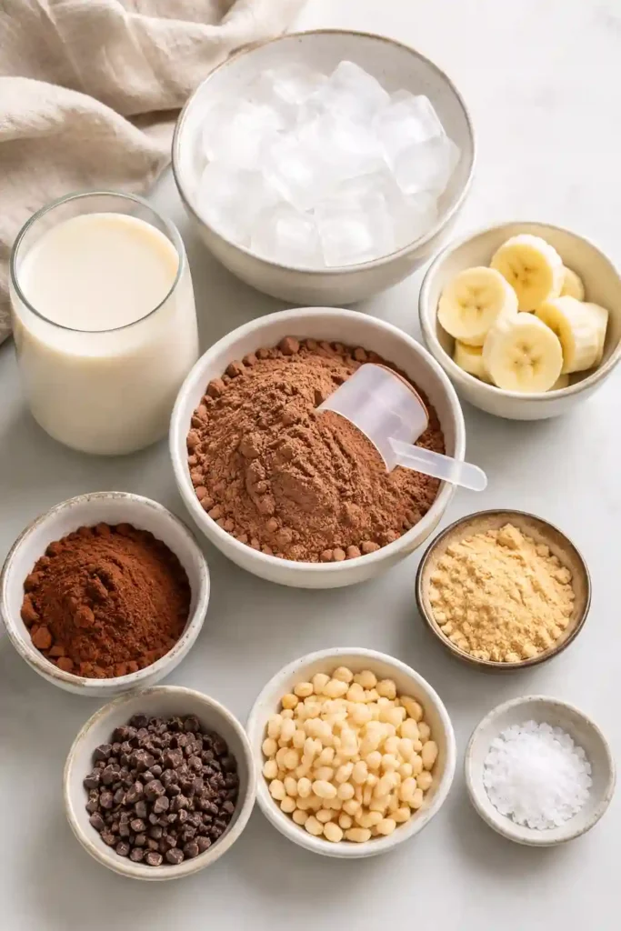A homemade Chocolate Protein Shake made with almond milk, cocoa powder, and frozen banana. The smoothie is garnished with cacao nibs and served chilled.