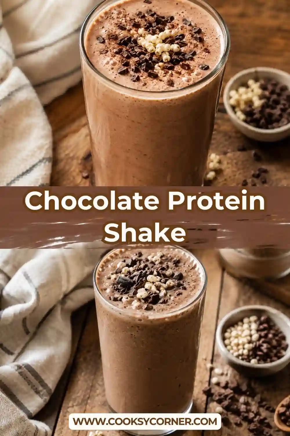 A thick healthy chocolate protein smoothie in a glass with cacao nibs and a sprinkle of flake salt. The protein shake has a rich chocolate color and creamy consistency.