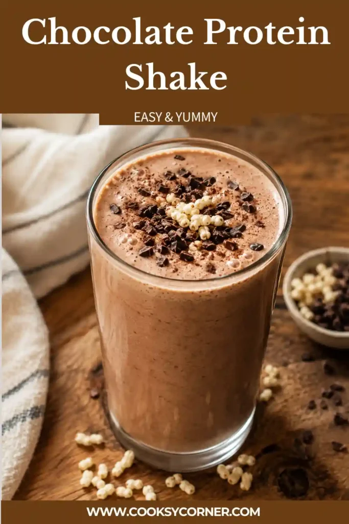 A creamy Chocolate Protein Shake blended with cocoa powder, almond milk, frozen banana, and protein powder. The smoothie is topped with cacao nibs and served in a glass.