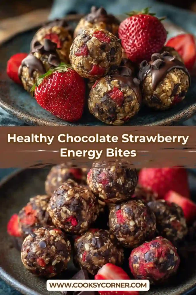 A plate of Chocolate Strawberry Energy Bites made with oats, peanut butter, freeze-dried strawberries, and chocolate chips. These healthy no-bake snacks are perfect for meal prep and grab-and-go snacking.