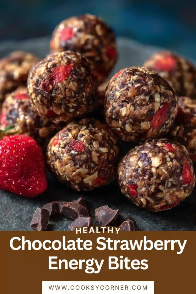 Homemade Chocolate Strawberry Energy Bites arranged on a serving tray. The energy bites feature wholesome oats, sweet strawberries, and rich chocolate in every bite.