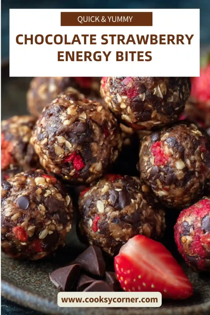 Close-up view of chewy Chocolate Strawberry Energy Bites with visible strawberry pieces and chocolate chips. A nutritious snack option for busy days and healthy eating.
