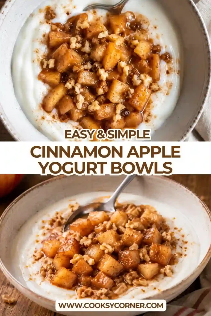 Cinnamon Apple Yogurt Bowls served in ceramic bowls with tender apples, crunchy nuts, and creamy yogurt. A wholesome breakfast recipe.