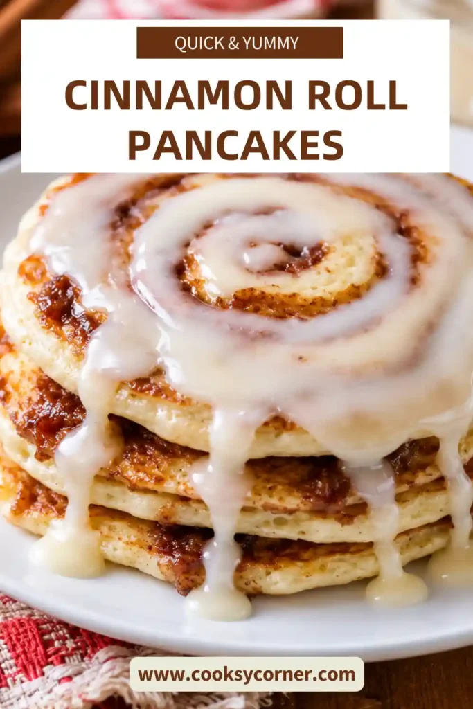 Freshly made Cinnamon Roll Pancakes stacked high with rich glaze cascading down the sides. A delicious breakfast recipe inspired by traditional cinnamon rolls.