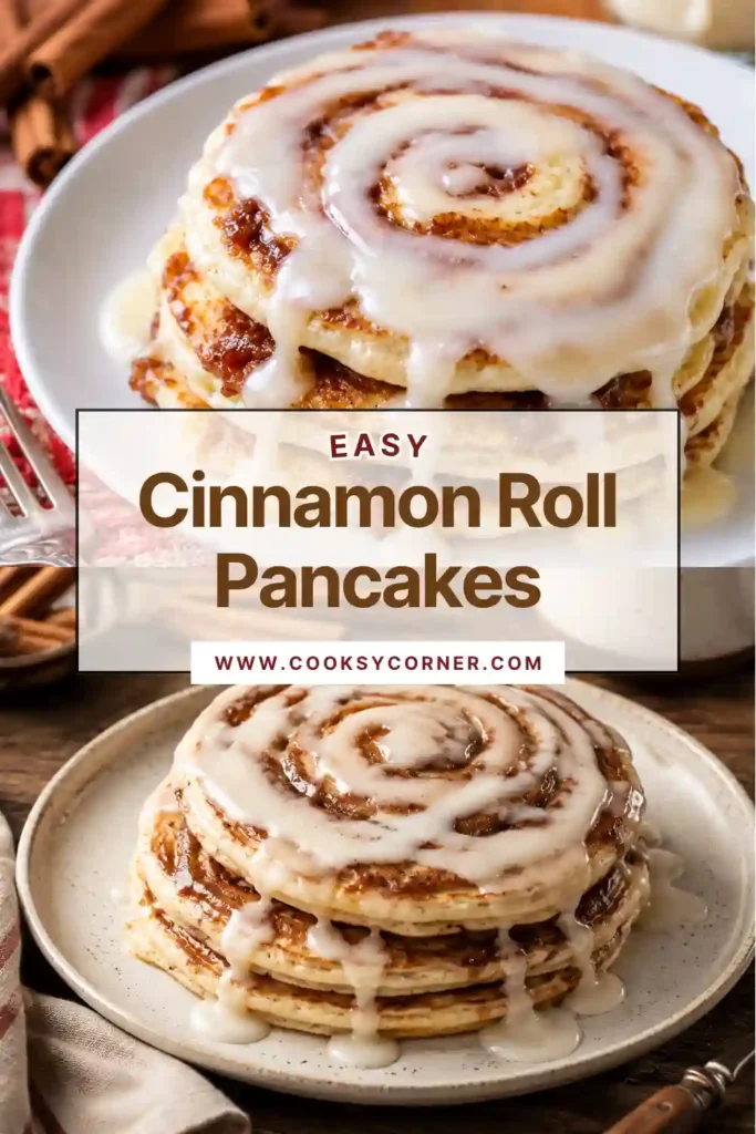 Homemade Cinnamon Roll Pancakes topped with sweet cream cheese frosting and served warm. These fluffy buttermilk pancakes showcase a classic cinnamon sugar swirl.