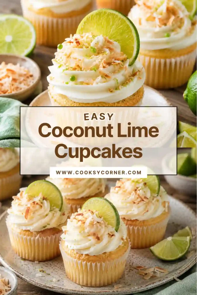 Freshly frosted Coconut Lime Cupcakes topped with toasted coconut flakes and lime zest on a serving tray. These tropical cupcakes feature a creamy frosting and moist coconut cake.