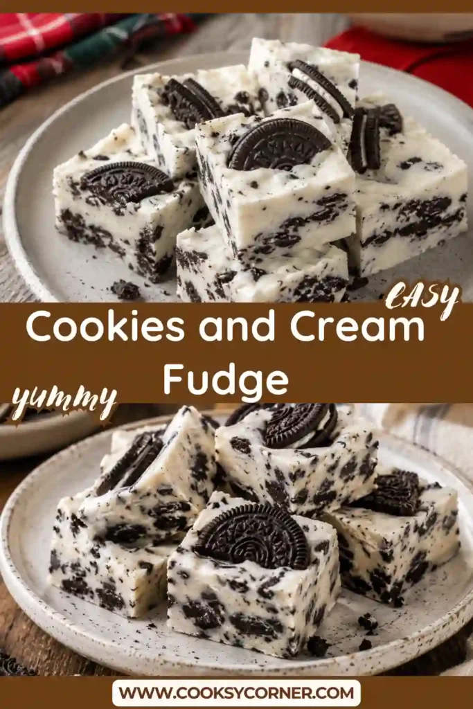 White chocolate fudge loaded with gluten-free chocolate creme cookies. A festive dessert displayed on a serving platter.