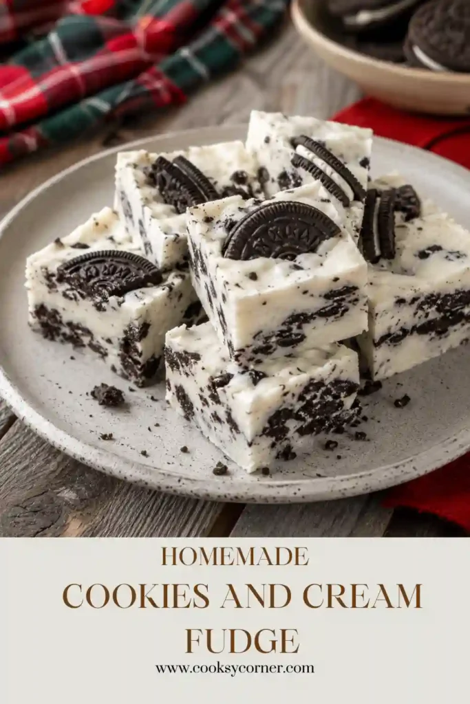 Cookies and Cream Fudge squares topped with crushed gluten-free chocolate sandwich cookies. A creamy white chocolate dessert perfect for holidays.