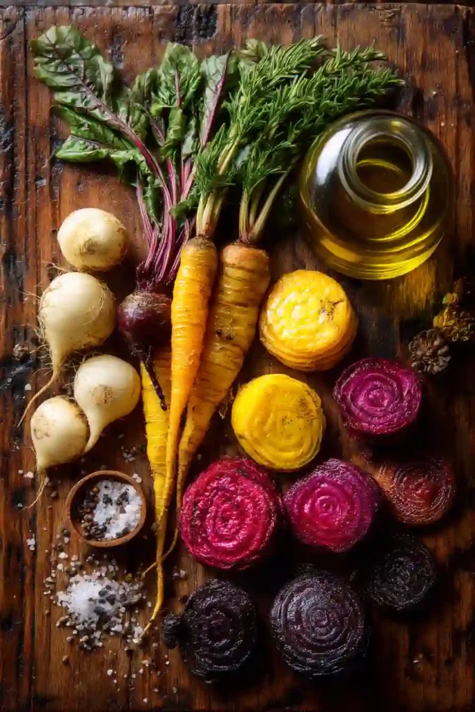 Golden and colorful baked veggie chips made with thinly sliced beets, turnips, radishes, and parsnips. A crunchy healthy snack recipe for any occasion.