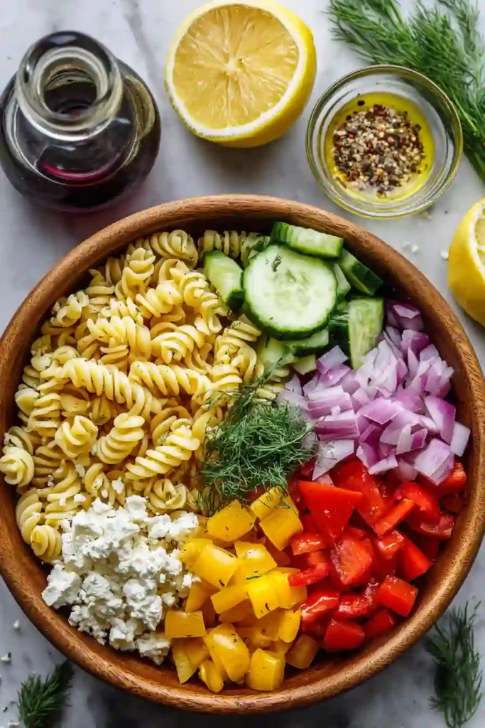 Healthy High Protein Greek Pasta Salad served chilled with colorful vegetables and tangy feta cheese. This Mediterranean-inspired recipe is ideal for lunch or dinner.
