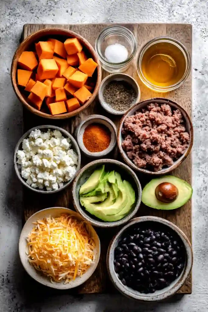 This Sweet Potato Beef Bowl with Hot Honey features roasted sweet potatoes, lean ground beef, black beans, cottage cheese, avocado, and cheddar cheese. A nutritious and satisfying dinner option.