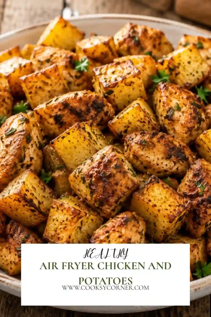 Golden potatoes and juicy chicken breast cooked in the air fryer with garlic and paprika. A healthy and delicious weeknight dinner recipe.