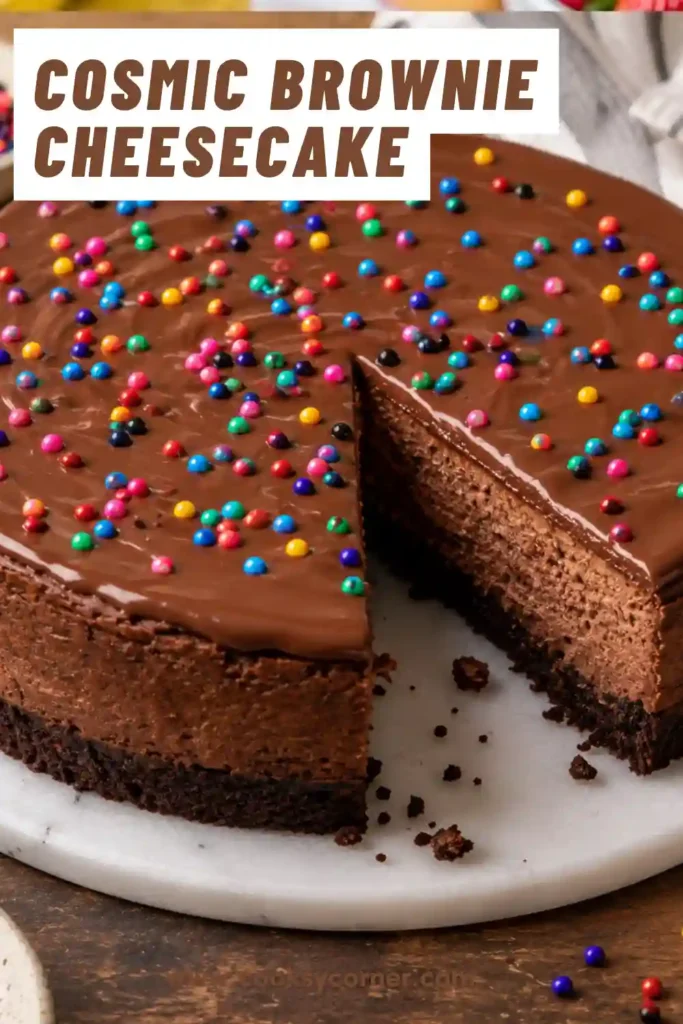 Homemade Cosmic Brownie Cheesecake featuring a dense brownie base, creamy filling, and colorful candy topping perfect for parties.