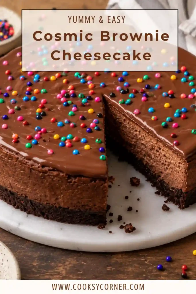 A slice of Cosmic Brownie Cheesecake with a fudgy brownie crust, creamy chocolate cheesecake filling, and glossy chocolate ganache topped with colorful candy-coated chocolate pieces.