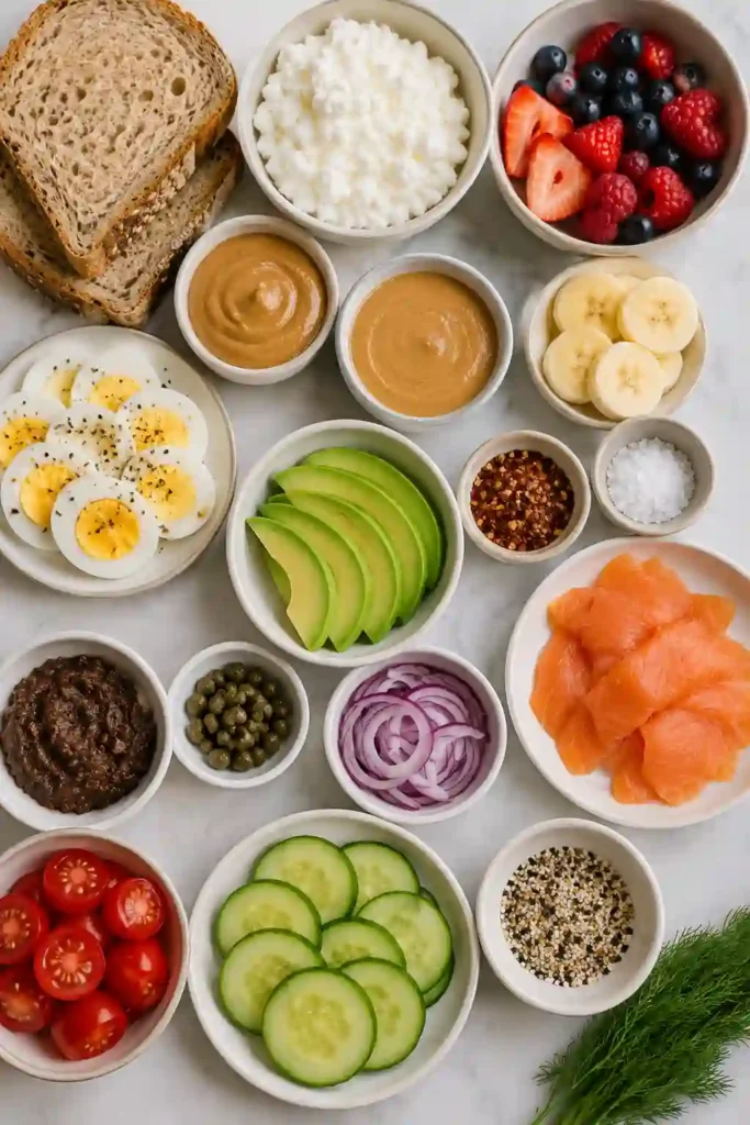 Creamy cottage cheese spread over toasted bread with fresh tomatoes, cucumbers, and olive tapenade. A vibrant and healthy breakfast toast idea for any day of the week.