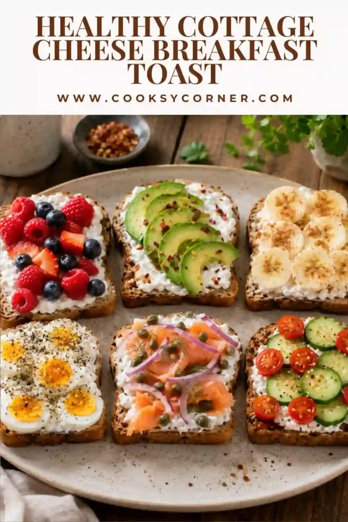 Protein-rich Cottage Cheese Breakfast Toast topped with smoked salmon, capers, and red onion. A savory breakfast option perfect for a balanced morning meal.