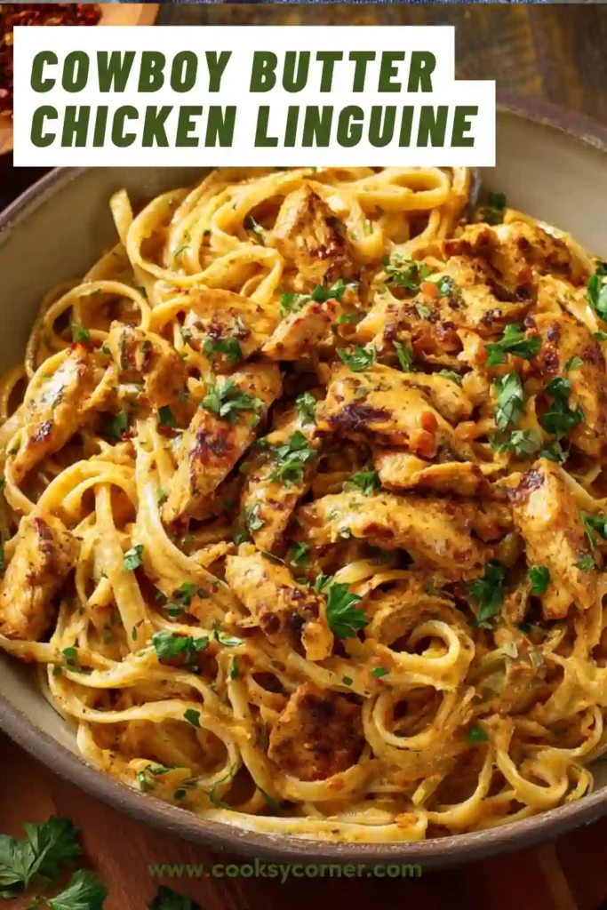 Creamy chicken linguine pasta coated in rich cowboy butter sauce and garnished with fresh herbs.