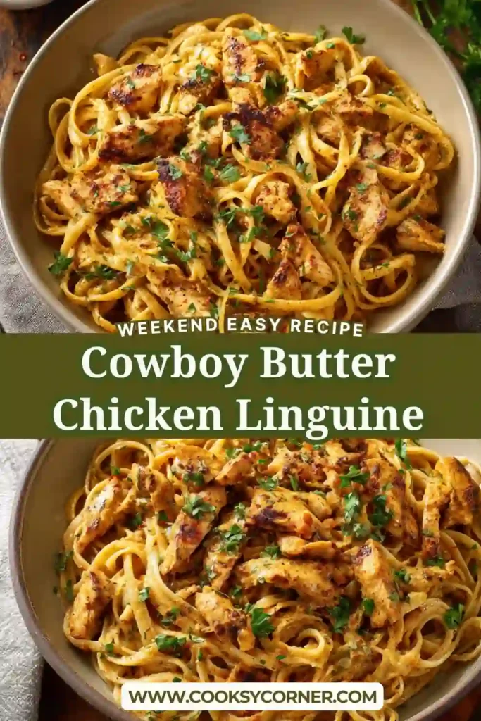 Homemade Cowboy Butter Chicken Linguine served in a pasta bowl with lemon wedges and parsley garnish.