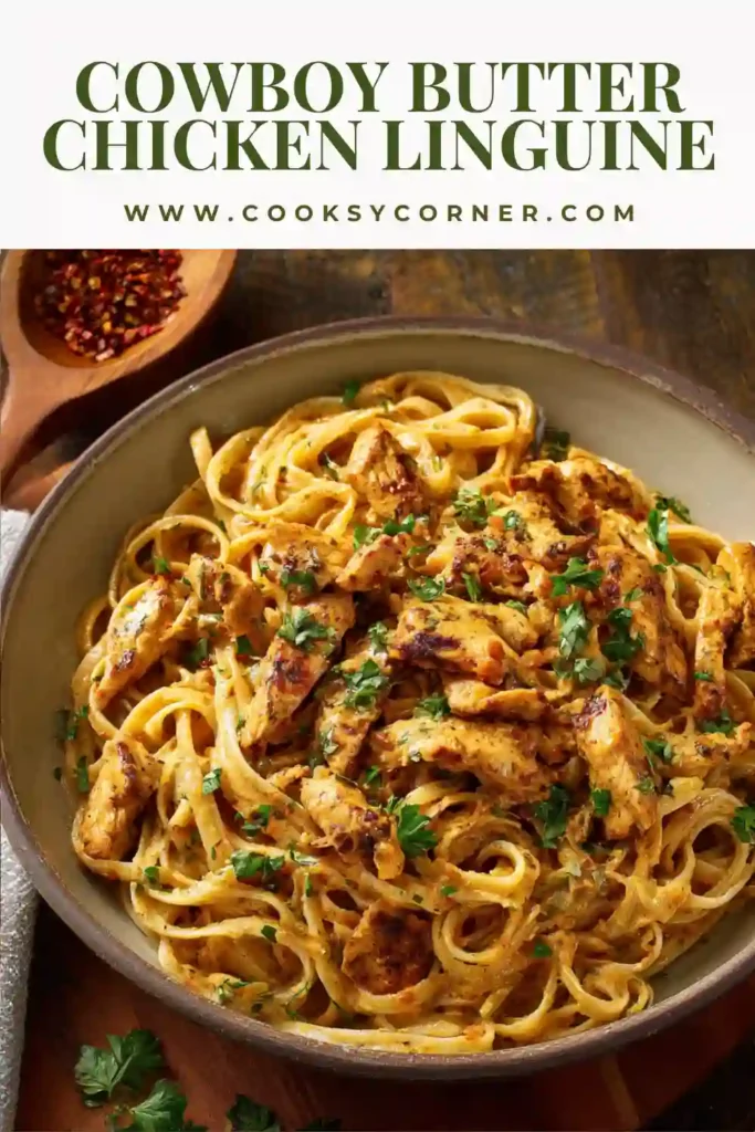 A bowl of Cowboy Butter Chicken Linguine featuring tender chicken pieces tossed in creamy garlic butter sauce with fresh parsley and lemon slices.