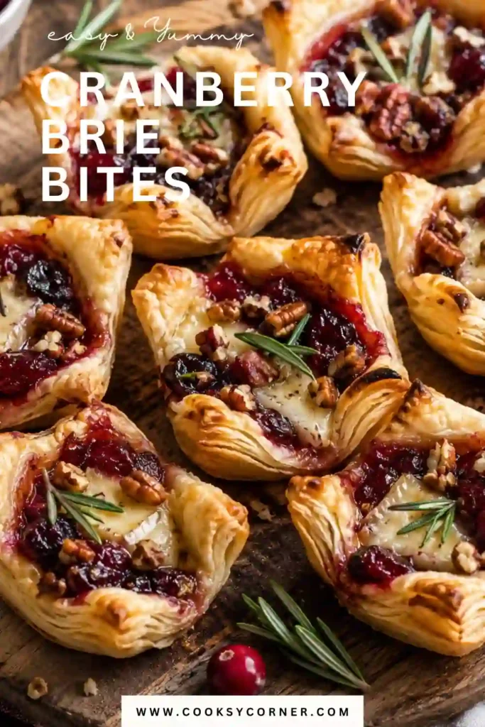 Holiday appetizer tray featuring baked Brie bites with cranberry sauce, pecans, and rosemary garnish. The puff pastry shells are crisp and beautifully golden.