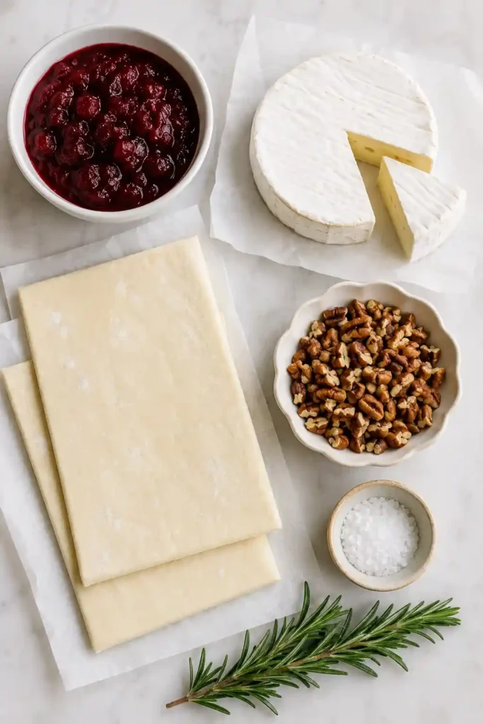 Freshly baked Cranberry Brie Bites arranged on a serving platter with rosemary garnish. The flaky puff pastry is golden brown and filled with melted Brie cheese and cranberry sauce.