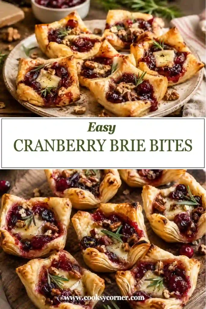 Homemade Cranberry Brie Bites served on a decorative platter with fresh rosemary accents. The mini appetizers showcase melted cheese and glossy cranberry topping.
