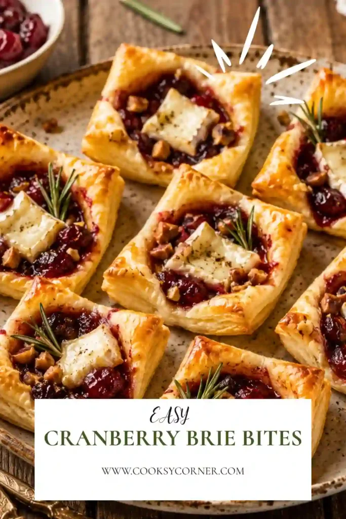 Close-up view of warm puff pastry Brie bites filled with cranberry sauce and topped with chopped pecans. The appetizers are baked until crisp and golden.