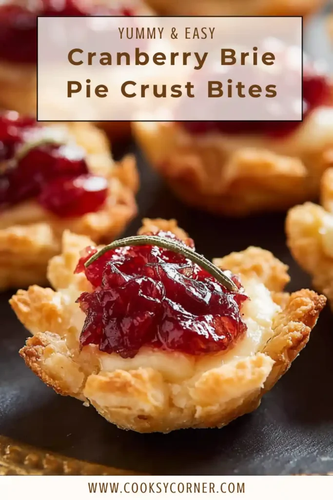 Golden Cranberry-Brie Pie Crust Bites topped with creamy melted Brie, cranberry sauce, and fresh thyme. These festive holiday appetizers are arranged on a serving platter.