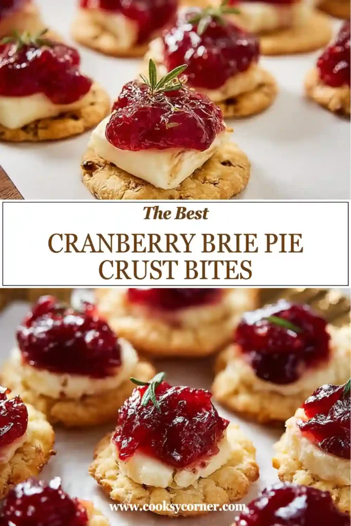 Close-up of flaky pie crust rounds layered with Brie cheese and cranberry sauce. A simple holiday appetizer perfect for Christmas and Thanksgiving entertaining.