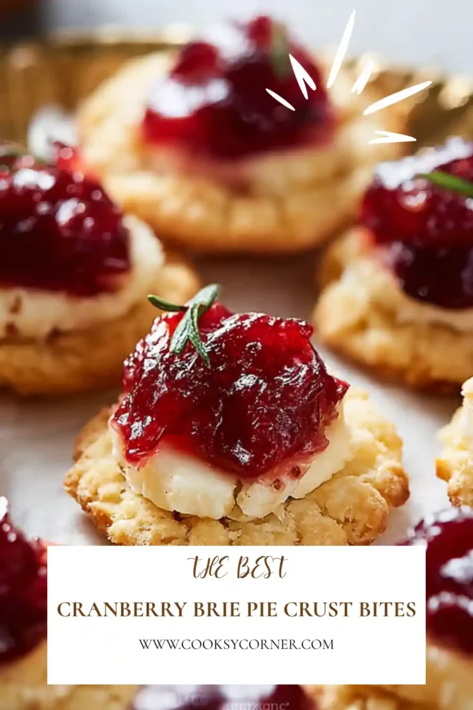 Freshly baked Cranberry-Brie Pie Crust Bites garnished with thyme leaves. The buttery pastry and creamy cheese create an elegant party snack.