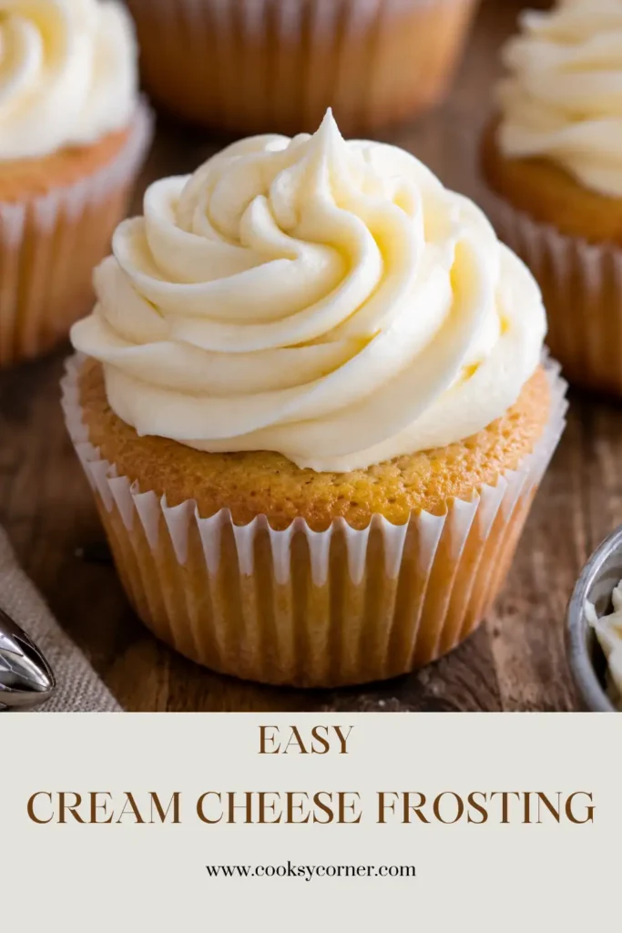 Freshly whipped cream cheese frosting made with butter, vanilla, and powdered sugar. The frosting has a rich texture ideal for decorating desserts.