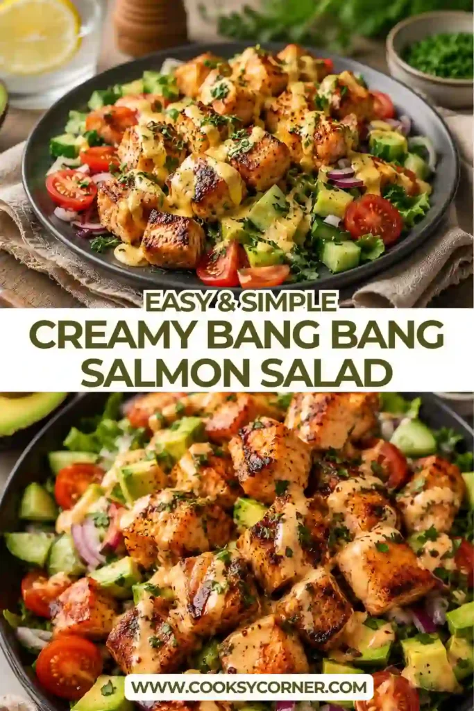 Healthy salmon salad topped with avocado, cherry tomatoes, cucumber, and a creamy spicy bang bang sauce. Perfect for high-protein meal prep.
