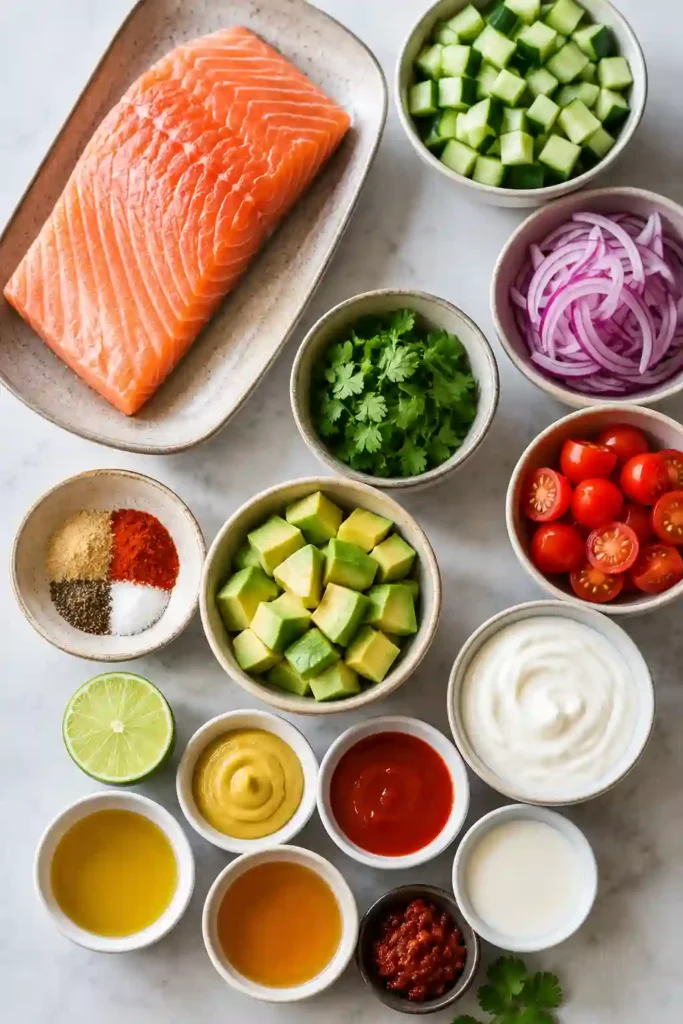Pan-seared salmon served over a fresh salad with avocado, cucumber, tomatoes, and creamy bang bang sauce. This healthy salmon salad is colorful, protein-rich, and flavorful.