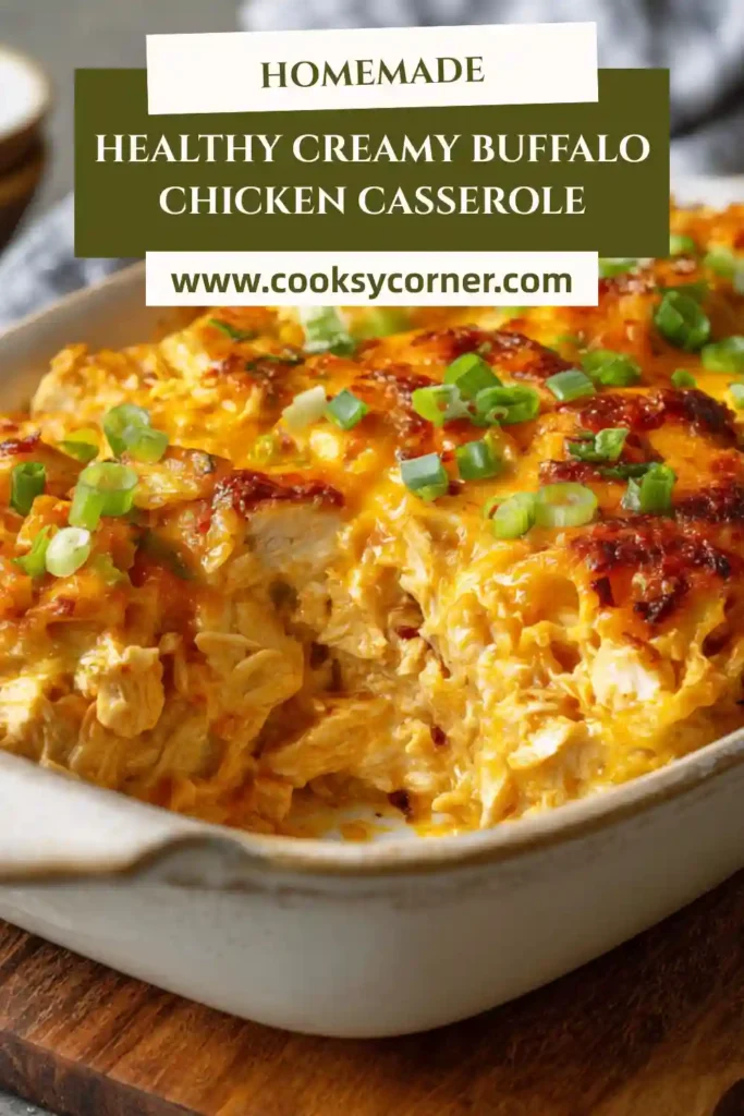 High-protein buffalo chicken casserole baked until golden and bubbly.