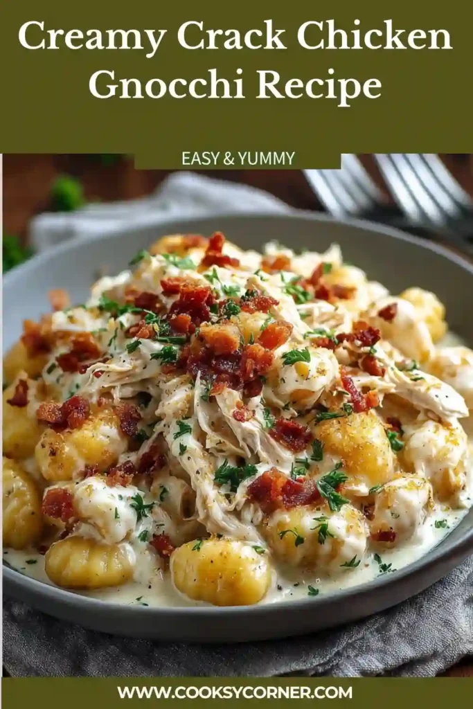A bowl of Creamy Crack Chicken Gnocchi made with tender shredded chicken, soft potato gnocchi, and a rich cheddar cream sauce. Garnished with parsley and crispy halal turkey bacon.