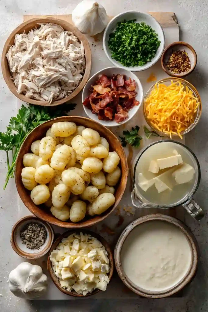 Cheesy chicken gnocchi skillet filled with creamy sauce, tender chicken, and soft potato dumplings. Finished with herbs for a delicious presentation.