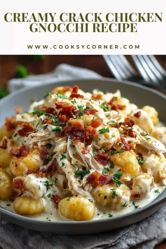 Homemade Creamy Crack Chicken Gnocchi featuring pillowy gnocchi and shredded chicken coated in a creamy cheese sauce. A perfect weeknight comfort food meal.