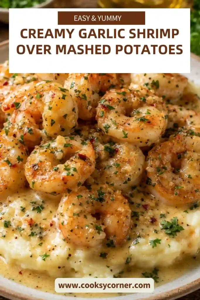 A plate of Creamy Garlic Shrimp Over Mashed Potatoes topped with fresh parsley and coated in a rich garlic Parmesan cream sauce. The shrimp are tender and perfectly cooked over smooth, buttery mashed potatoes.