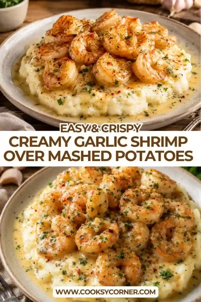 Creamy garlic shrimp served over fluffy Yukon Gold mashed potatoes with a silky homemade cream sauce. Fresh parsley adds color and freshness to this comforting seafood dinner.