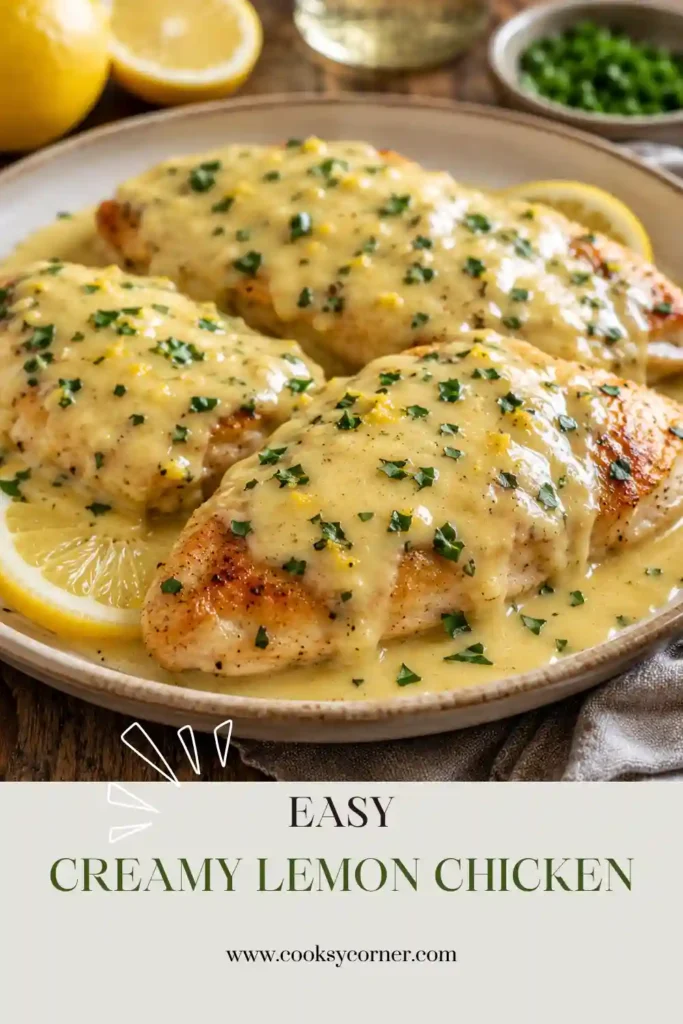 Creamy Lemon Chicken served in a skillet with a rich garlic lemon cream sauce and fresh parsley garnish. Tender chicken breasts are coated in a silky, flavorful sauce perfect for a weeknight dinner.