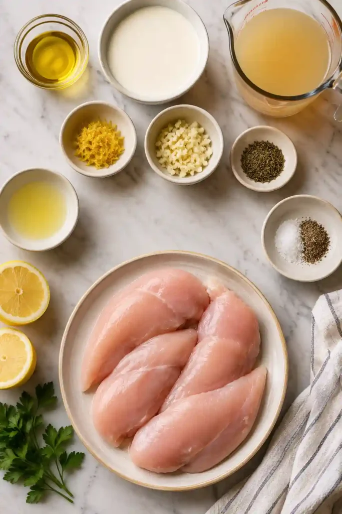 Skillet-cooked chicken breasts in a homemade lemon cream sauce made with garlic, thyme, and fresh lemon zest. A delicious family-friendly chicken dinner.
