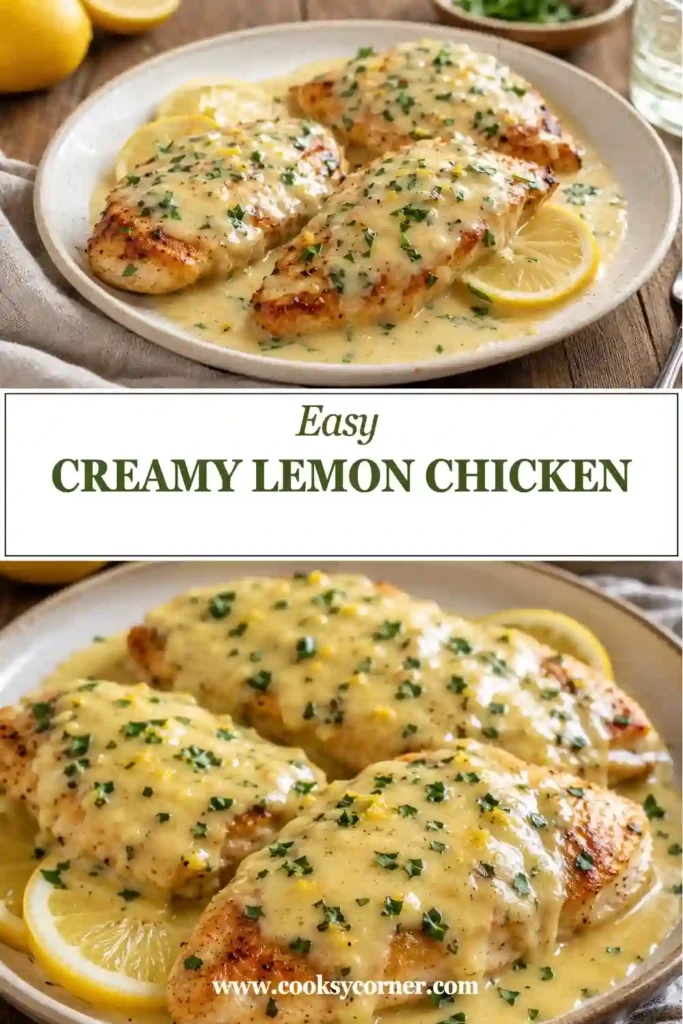 Golden-brown chicken breasts simmered in a creamy lemon sauce with garlic and herbs. This easy lemon chicken recipe is served fresh from the skillet.