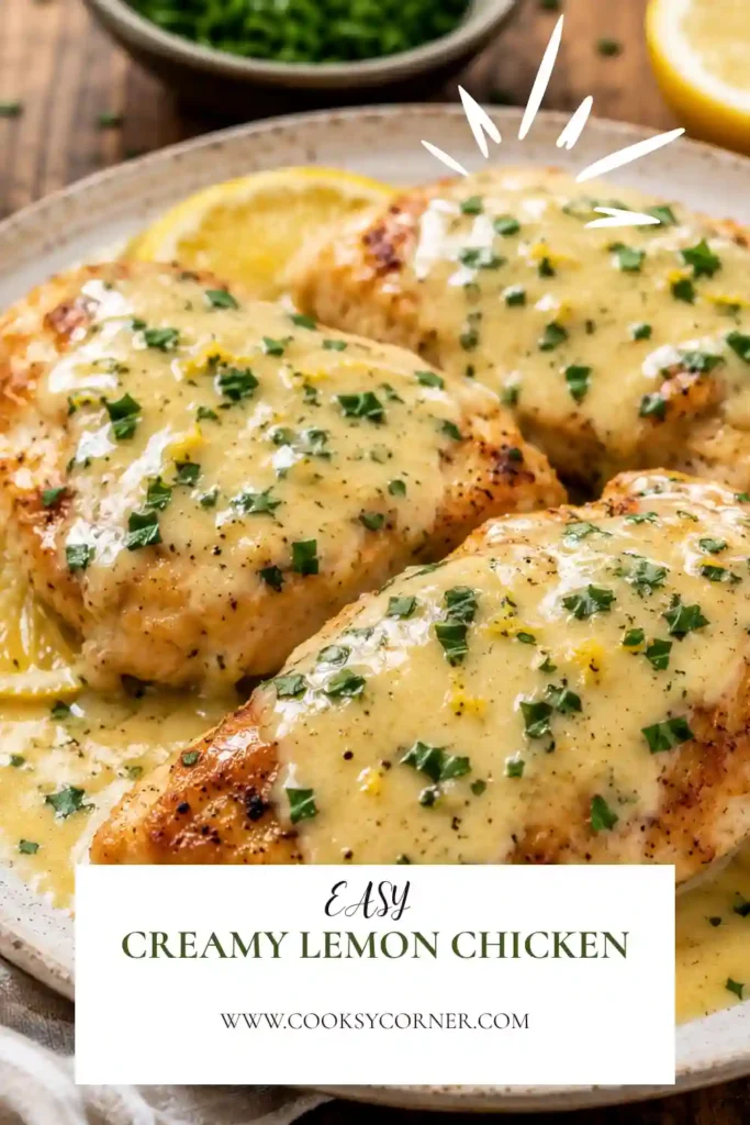 A close-up view of Creamy Lemon Chicken topped with parsley and surrounded by a velvety lemon cream sauce. The dish looks rich, comforting, and full of flavor.