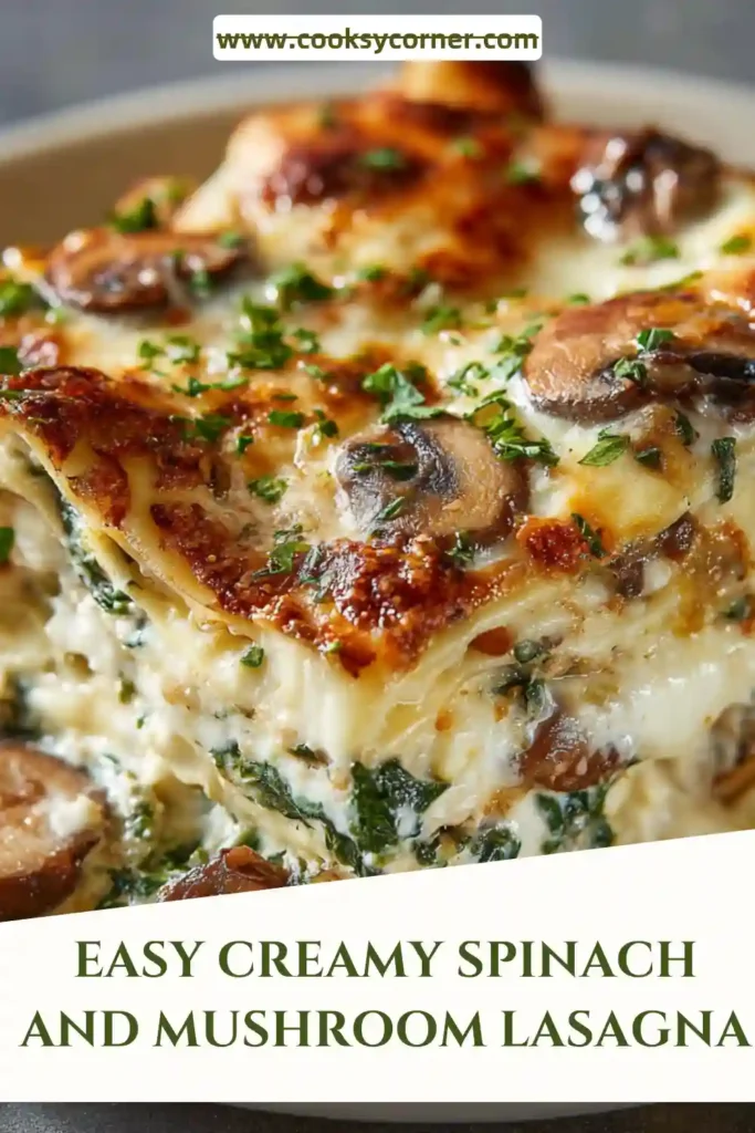 Creamy Spinach and Mushroom Lasagna baked until golden and bubbly with layers of ricotta cheese, spinach, mushrooms, and mozzarella. This comforting vegetarian lasagna is rich, creamy, and perfect for family dinners.