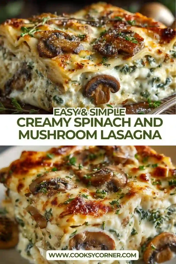 A slice of Creamy Spinach and Mushroom Lasagna served on a plate with melted cheese and homemade mushroom sauce. The layers are packed with spinach, ricotta, and savory mushrooms.